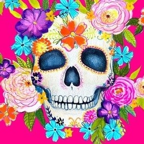 Dia De Los Muertos Floral Sugar Skull Painting // Hot Pink