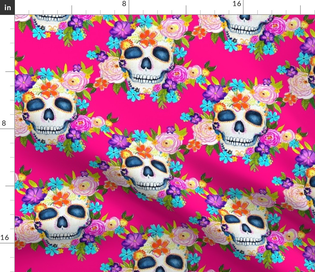 Dia De Los Muertos Floral Sugar Skull Painting // Hot Pink