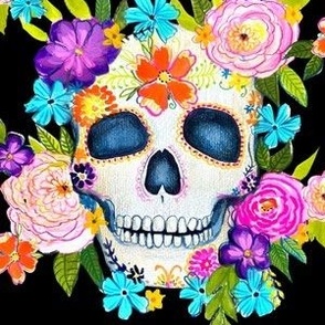 Dia De Los Muertos Floral Sugar Skull Painting // Black