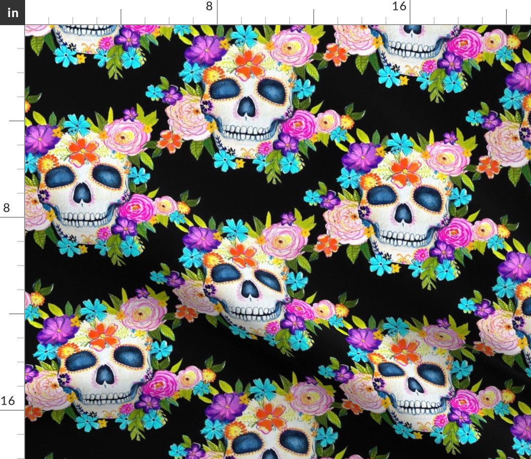 Dia De Los Muertos Floral Sugar Skull Painting // Black