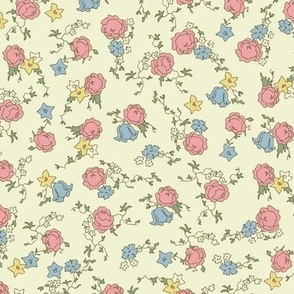 Chintz Small Blue and Pink Flowers on Yellow Background  in Rustic Cottage Style, Retro Farmhouse Vibes, Dollhouse Wallpaper