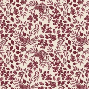 Leaves acorns berries and foliage, burgundy red on cream, Sophisticated French Countryside