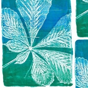 Chestnut leaf block print bricks on blue-green, large scale