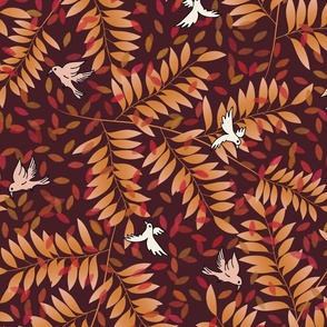 Birds in Fall Garden - Burgundy