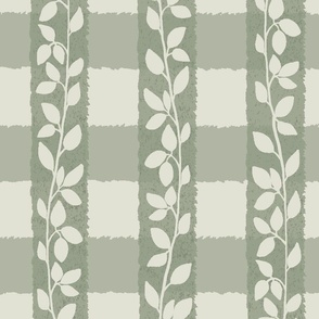 French Country Vineyard Gingham Vine: Traditional Botanical Vines Leaves on Green Gingham Plaid Stripes