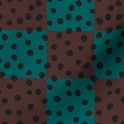 Teal and Brown Checkerboard with Black Dots 