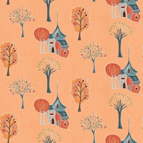 Whimsical houses and trees in a landcape pattern in coral red, brown and blue
