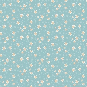 small white flowers and dandylions on light teal