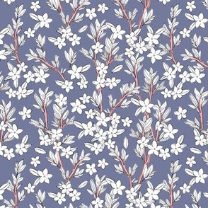 Romantic messy  freehand english garden leaves branches and flower blossom nursery white pink on periwinkle blue SMALL