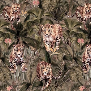 Tropical Green Jungle Rainforest With Watercolor Leopard  - Sepia 
