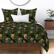 Tropical Green Jungle Rainforest With Watercolor Leopard  - Black Night