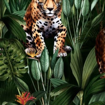 Tropical Green Jungle Rainforest With Watercolor Leopard  - Black Night