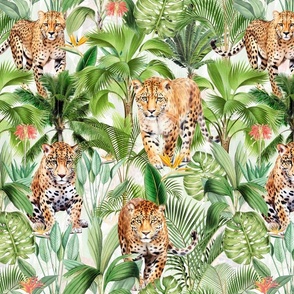 Tropical Green Jungle Rainforest With Watercolor Leopard - White
