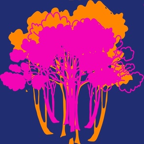 Big City Park Trees Retro Modern Hot Pink And Dark Orange On Navy Blue Silhouette Shadow Cottagecore Large Boho Mid-Century 60’s 70’s Repeat Nature Pattern