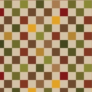 Multicolored Half Inch Square Earth Tone Checkerboard with Beige Background