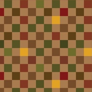 Multicolored Half Inch Square Checkerboard in Earth Tones with Tan Brown Background