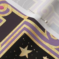 Japanese inspired  Inlaid effect art deco scrolls with rectangular picture frames and hand drawn Moonscapes and stars in the sea, mountains and land dark magenta pink with blacks, blues and yellows  12”  repeat 