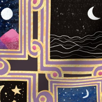Japanese inspired  Inlaid effect art deco scrolls with rectangular picture frames and hand drawn Moonscapes and stars in the sea, mountains and land dark magenta pink with blacks, blues and yellows  12”  repeat 