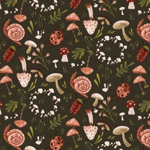 Whimsical Mushrooms Kids Taupe Dark Background 16" 