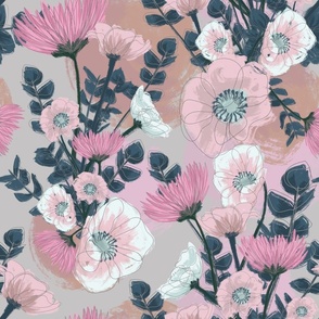 Romantic pink and white floral - grey background