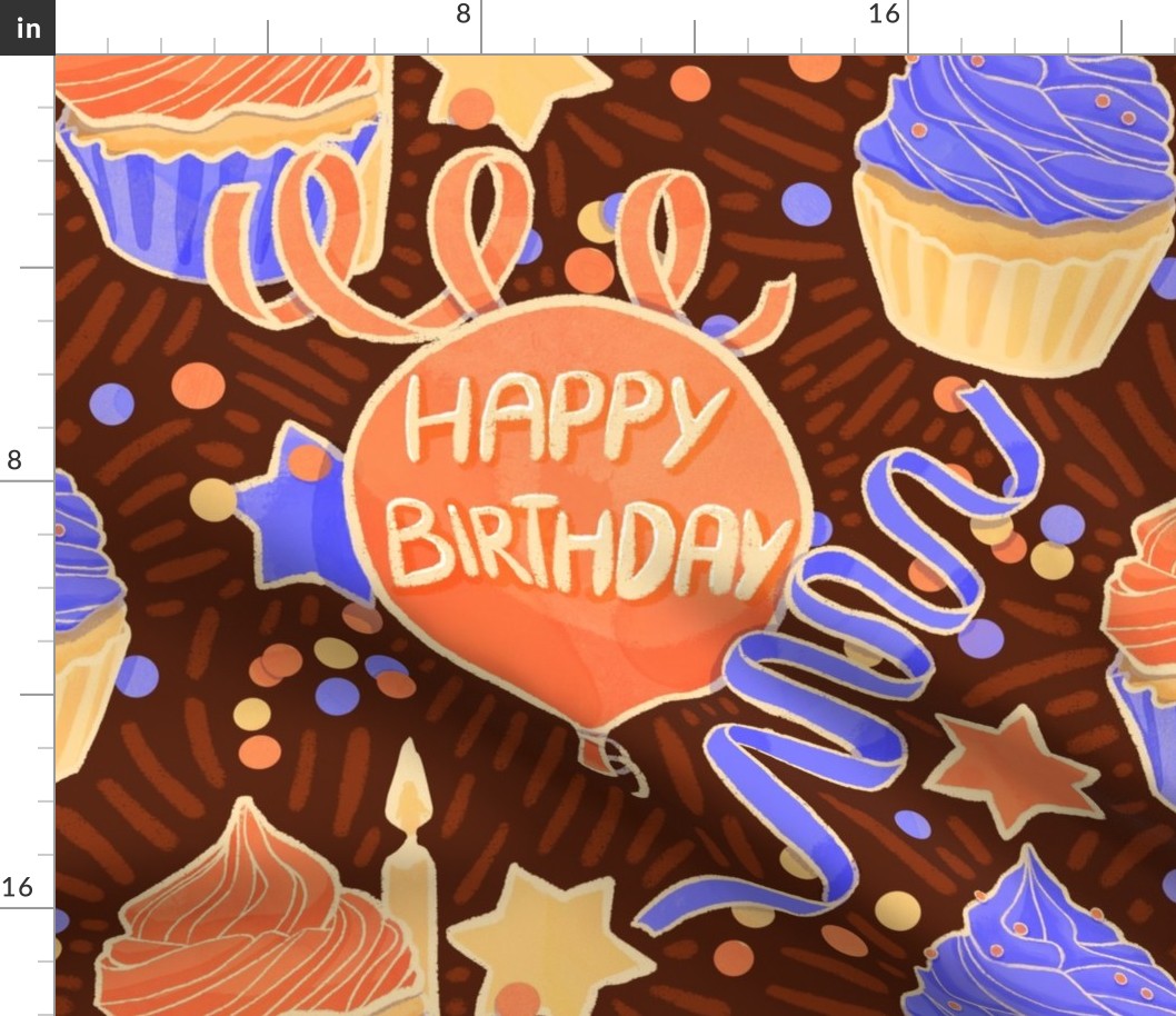 (large) cheerful Happy birthday candles cupcake confetti  brown orange yellow blue
