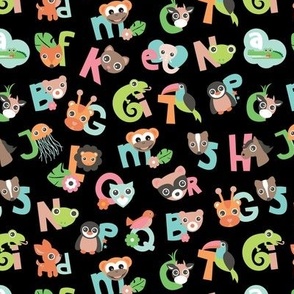 Animal ABC alphabet for kids pink blue green orange on black 