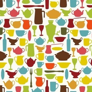 Retro Kitchen Dishes Pattern with Teapot, Cup, Coffee Pot, Fork, Knife, Jug for Mid Century Modern Style Lovers