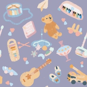 Baby toys nursery pattern with violet background