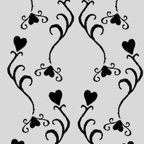 Macabre heart like flowers, gothic Halloween design in black on light grey “Lady Killer”