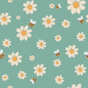 Chalk Art daisies with bees -  green background nursery pattern