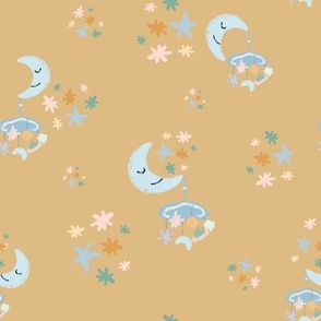 Mid-century orange and beige moons and stars pattern with orange background