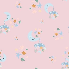 Mid-century blue moons and stars pattern with tender pink background