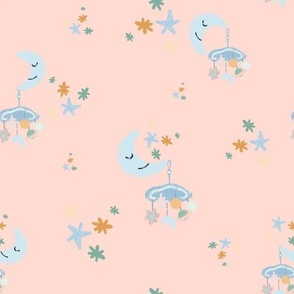 Mid-century blue moons and stars pattern with tender peach background