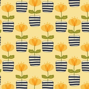 Yellow Buttercup Flowers in Dark Blue and White Stripe Pots on Soft Panna Cotta Yellow