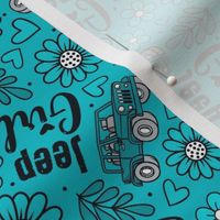 Large Scale Jeep Girl Floral with Hearts in Turquoise