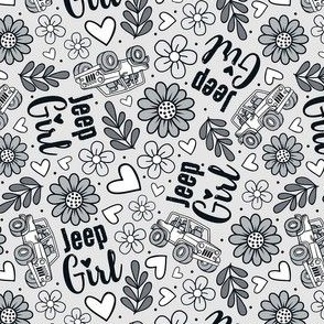 Medium Scale Jeep Girl Floral with Hearts in Grey and White