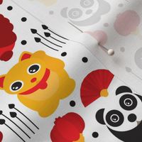 Chinese theme with panda dragon and small temple illustrations kawaii maneki-neko cat red yellow black on white
