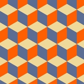 Small scale 3D isometric geometric cube in Benjamin Moore Color of the Year 2024 Blue Nova 825, Benjamin Moore Honey Bee with Orange. 