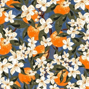 Cream Orange Blossom Flowers, Tropical Orange Fruit Flowers, Little Cream Botanical Flowers, Floral Fruit Pattern on Cobalt Blue