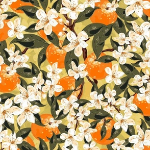 Orange Floral Blossom Tree, Colorful Citrus Cream White Floral, Spring Flowers with Tropical Orange Fruit on Citrus Yellow Background
