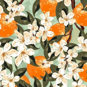 Happy Days Summer Citrus Orange Blossom Floral, Modern Cottage Kitchen Flowers, Green Leaves Botanical Flora Illustration on Teal Green