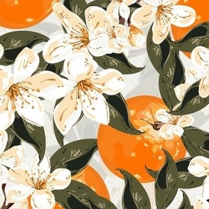 Vibrant Orange Tree Illustration, Artistic Oranges Pattern, Summer Bright Blossom Flower Artwork, Botanical Green Leaves Drawing on Chalky Cream White