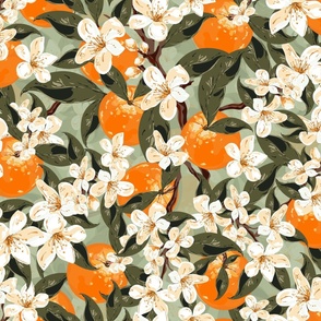 Orange Floral Kitchen Pantry Decor, Colorful Orange Blossoms, Hand Drawn White Fruit Blossom Flowers, Botanical Fruits Drawing, Happy Summer Bright Pattern on Light Sage Green