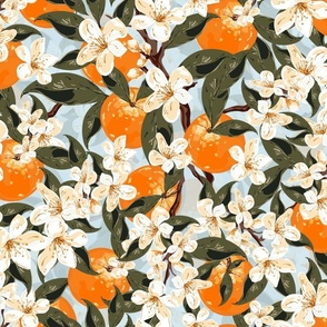 Hand Drawn Botanical Orange Fruit Trees, White Orange Blossom Flowers, Happy Summer Nature Floral Tree Pattern on Blue