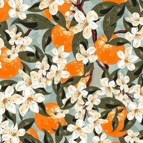 Orange Fruit Blossom Flowers Summer Garden, Botanic Farmhouse Florals with Oranges, Green Leaves , Creamy White Flowers on Teal