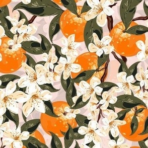 Blossom Orange Botanical Flowers, Farmhouse Cottage Garden Illustration, Hand Drawn Floral Art, Green Leaves Foliage on Soft Pink
