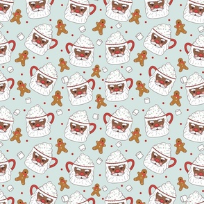 Santa Mugs, Hot Cocoa, Marshmallows, and Gingerbread Men - light blue, Christmas Fabric, Santa Fabric, African American Santa