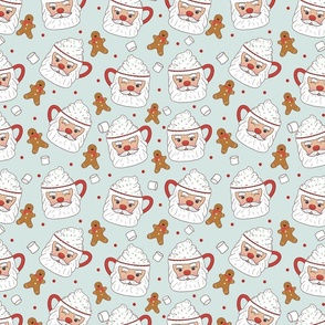 Santa Mugs, Hot Cocoa, Marshmallows, and Gingerbread Men-light blue, Christmas Fabric, Santa Fabric