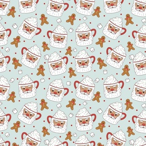 Santa Mugs, Hot Cocoa, Marshmallows, and Gingerbread Men-light blue, Christmas Fabric, Santa Fabric, Brown Santa