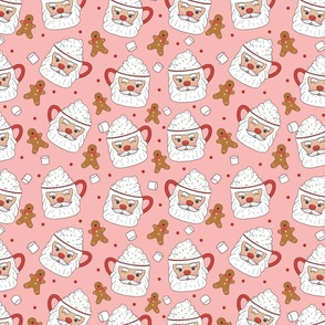 Santa Mugs, Hot Cocoa, Marshmallows, and Gingerbread Men-pink, Christmas Fabric, Santa Fabric